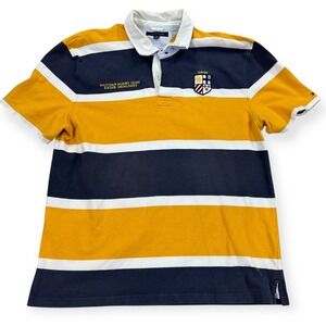 Tommy Hilfiger Shirt Men's 2XL Yellow Navy‎ Blue Rugby Polo Stripe Short Sleeve